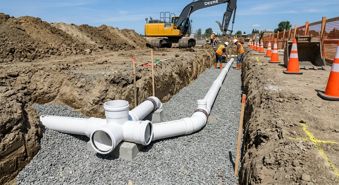 New PVC sewer pipe installation in open trench for Commercial Drain Cleaning in Youngstown