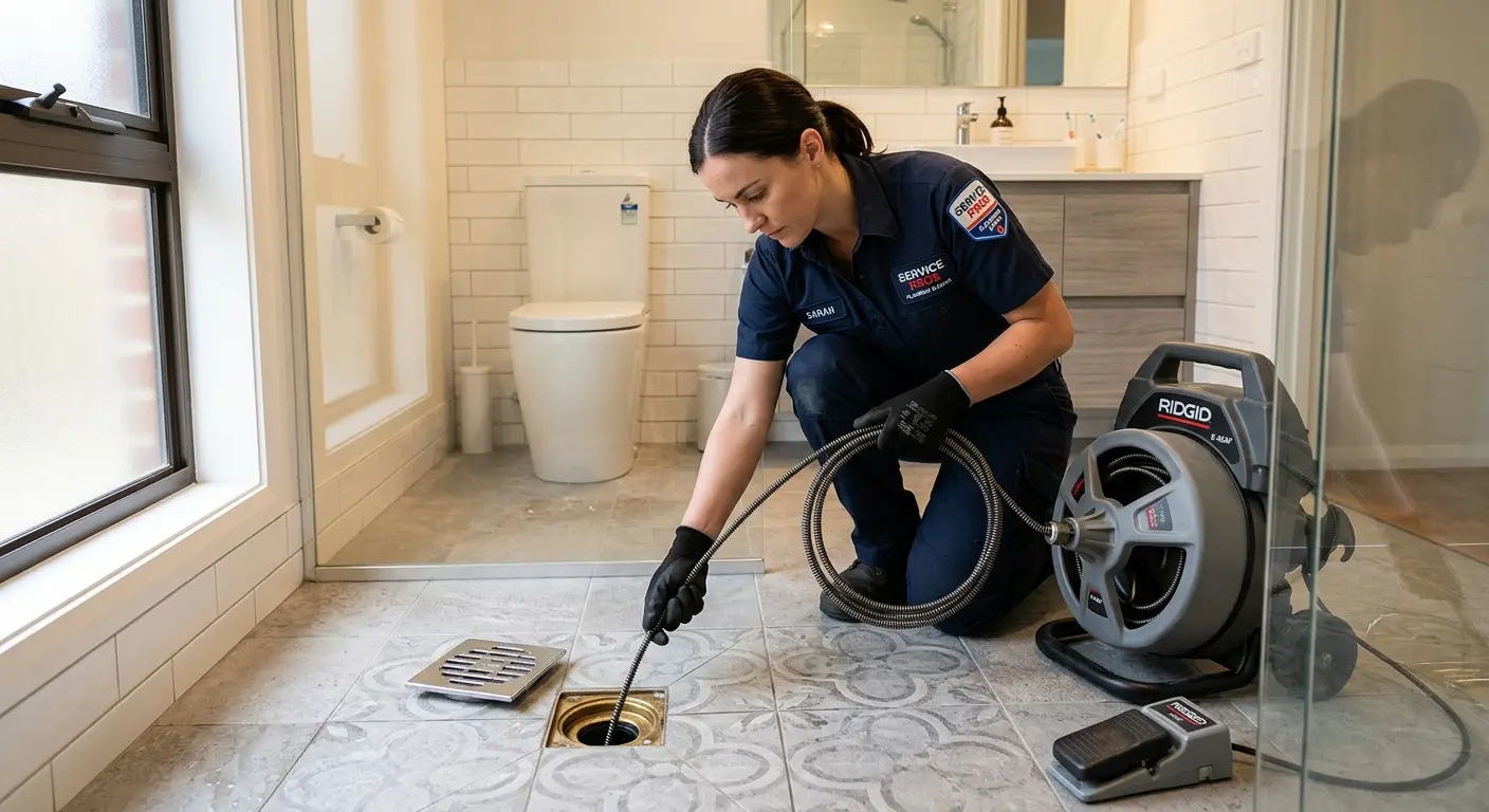 Technician clearing a bathroom floor drain for Sewer Line Installation in Youngstown